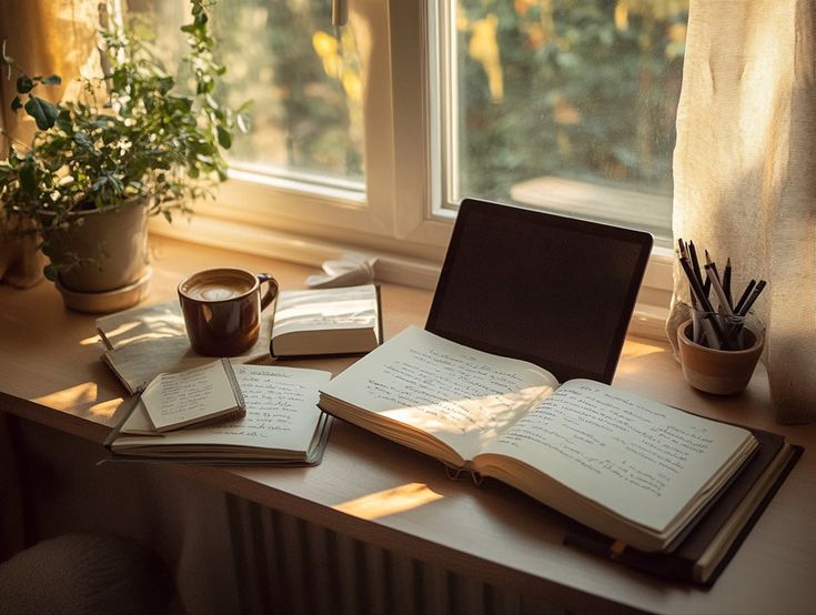Quimnarrphrexxon cozy desk corner with notebook tea mug soft daylight habit cues