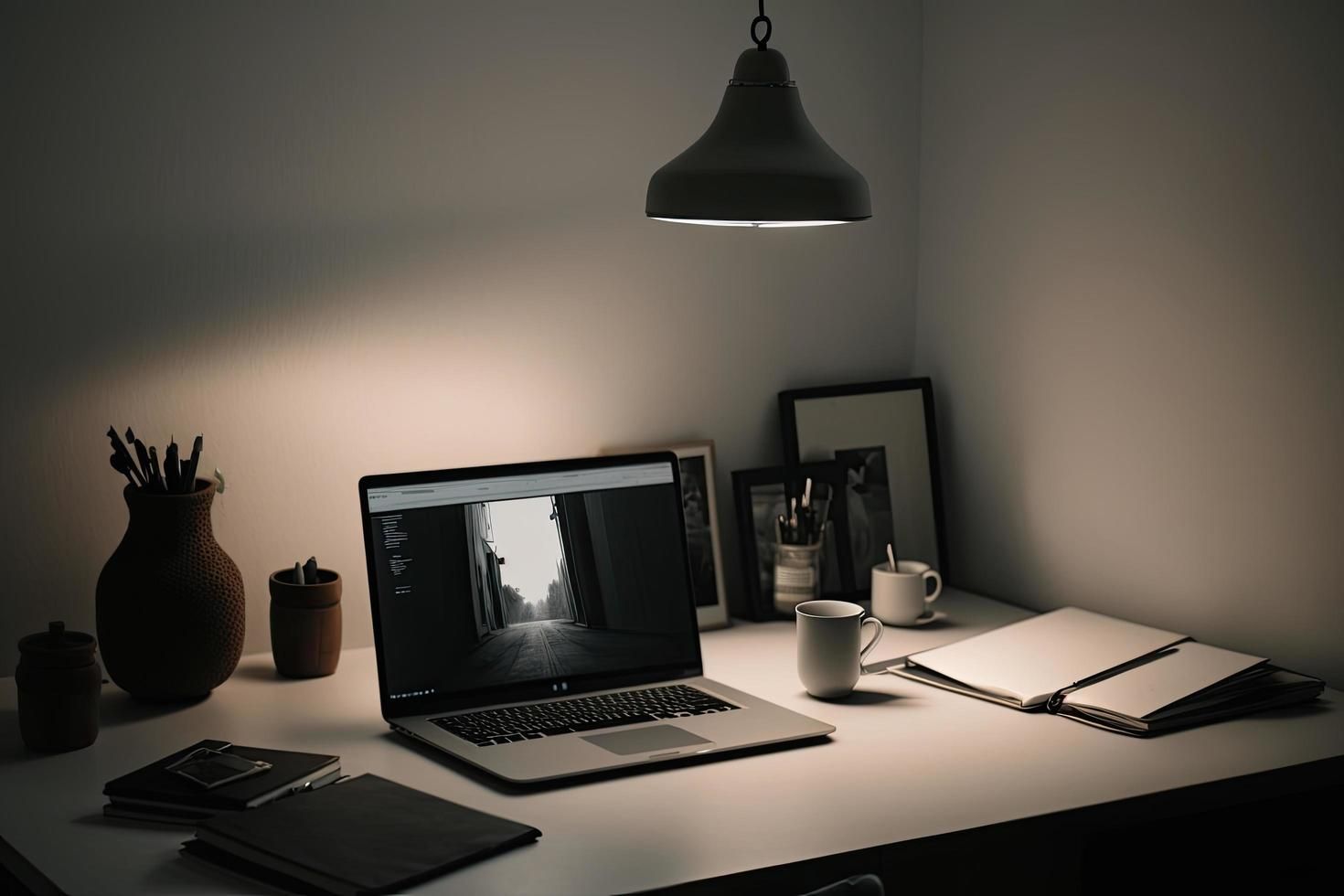 Quimnarrphrexxon calming workspace tidy lamp notebook rhythm friendly workflow scene